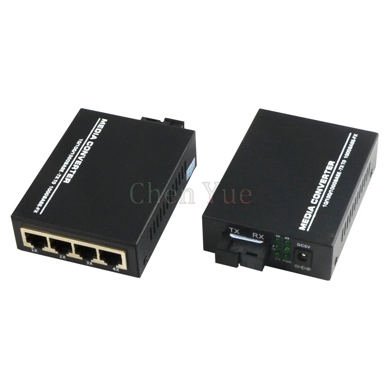 10/100/1000Mbps Gigabit Ethernet Media Converter SM Optic Fiber 4 RJ45 1 SC Port - Image 2 of 4