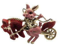 Vintage Pink Bunny on Horse Cart Enameled Hair Barrette