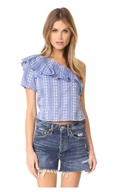 Nuevo con etiquetas Espléndido Top Para Mujer Un Hombro Cambray Talla Pequeña Azul Floral $140 K140 Foto 4 de 4