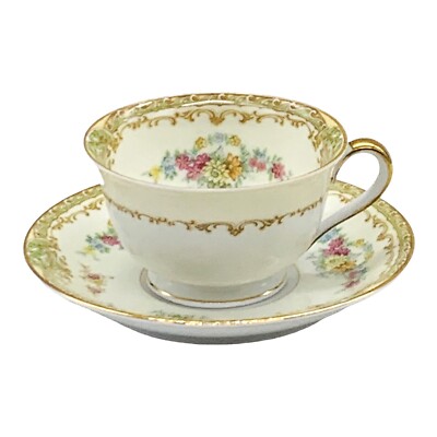 Noritake BELLODGIA Mulitcolored Floral Gold Tan Scroll Tea Cup & Saucer Set