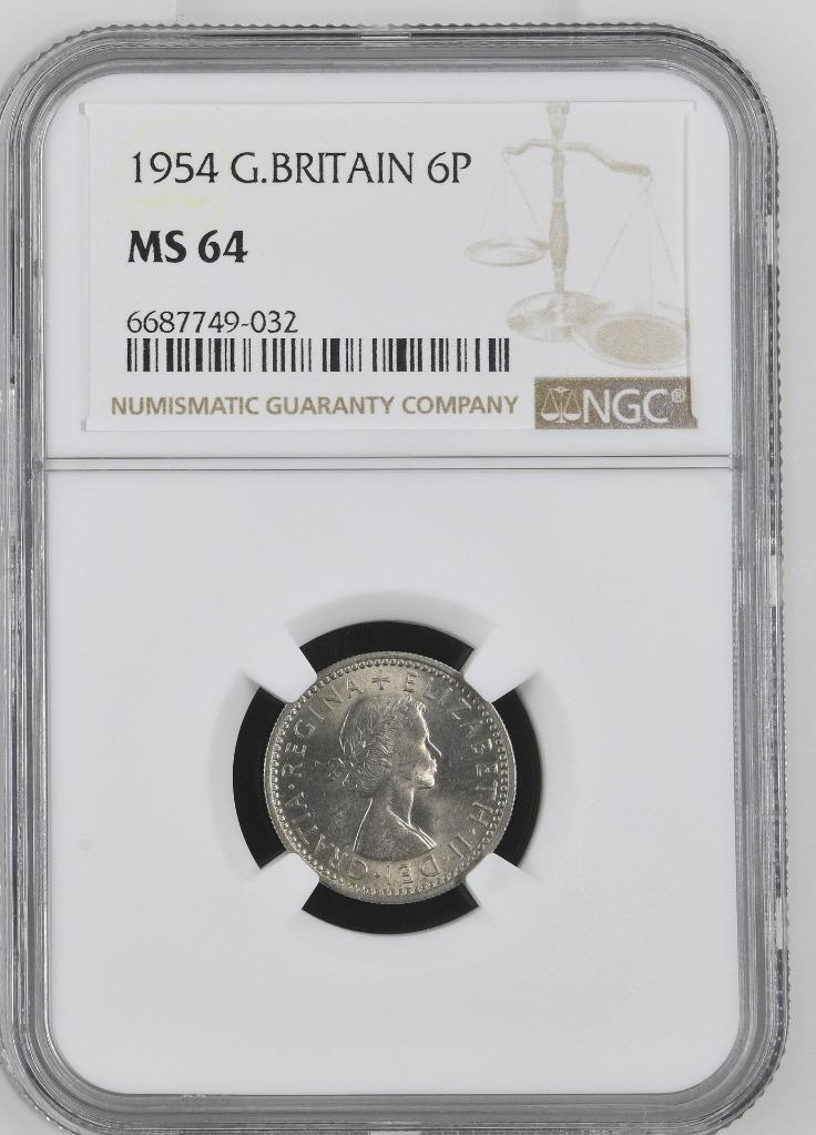 Great Britain 6 Pence 1954 NGC MS 64