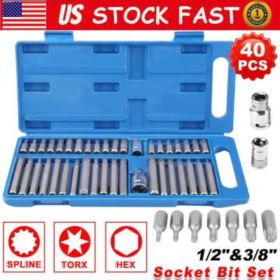 40X Hex Star Ribe Spline&Tamperproof Torx Key Security Bit Socket Set 1/2'' 3/8''