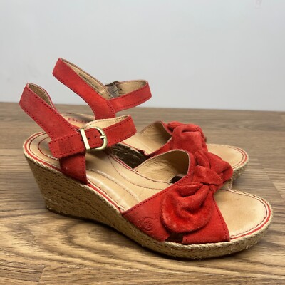 BORN Ladue Platform Wedge Espadrille Red Suede Knot Front Sandal Size 8 M
