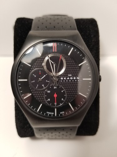 Skagen 806 black Titanium Men's Watch 806XLTBLB leather strap, butterfly clasp