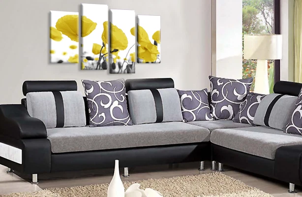 Framed Floral Wall Art Yellow Grey White Canvas Print Poppy Flowers Split Panel - Image 2 of 4