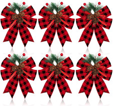 6 Pcs Christmas Bows Buffalo Plaid Checkered Ribbon Bow with Pine Cone Christmas