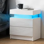 Nightstand RGB LED Light Bedside Table Cabinet 2 Drawers High Gloss Desk Bedroom