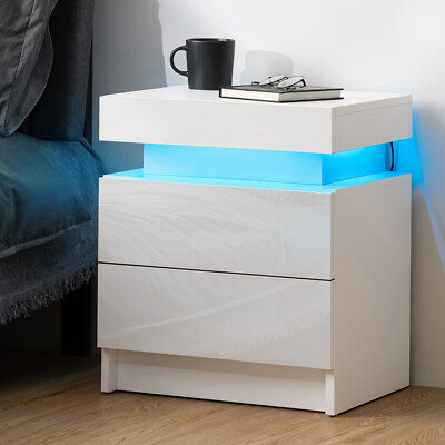 #ad Nightstand RGB LED Light Bedside Table Cabinet 2 Drawers High Gloss Desk Bedroom $89.86