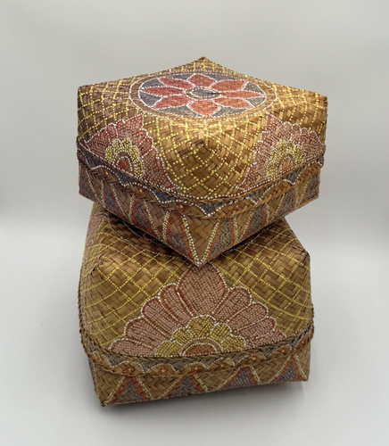 Hand Painted Square Rattan Lidded Nesting Boxes Baskets Set of 2