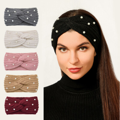 Pearl Cross Knitted Headbands Ear Warmer Turban Headwrap Autumn