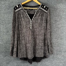 Lucky Brand Womens Embroidered Boho Long Sleeve Top Size 1X Black White Peasant