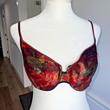 VTG VICTORIAS SECRET 36C Bra VELVET Muted Floral Mesh Back Goth Drama Rose Red