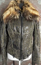 Italian Toscana Sheepskin Shearling Biker jacket brown Fox Fur Collar Size M~HOT