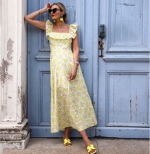 ZIMMERMANN GOLDIE RUFFLE NECK MIDI DRESS Size 3 AU 14 / US 10 Yellow Linen