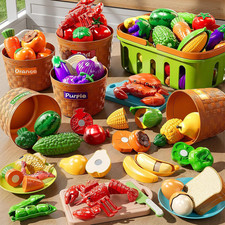 Play Food Set for Kids, Toddler Learning Toys, Cutting Food Toy Color Sorting Se