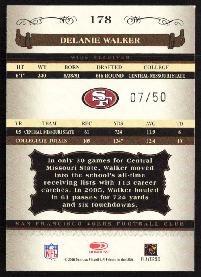 2006 Donruss Classics Silver #/50 Delanie Walker #178 Rookie 49ers - Image 2 of 2