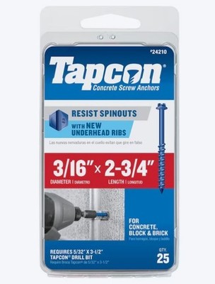 Tapcon 24210 Concrete Screw Anchors 3/16 x 2-3/4 Blue Steel Pack of 25