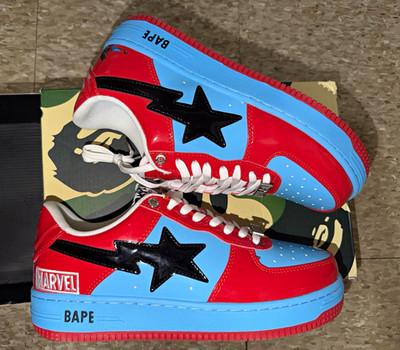 A Bathing Ape Bapesta Marvel Bapesta Low Top Lace Up Sneaker Red/Blue NIB