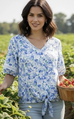 Berkley Jensen Womens Floral V-Neck Pullover Button-Down Blouse W Crocket Trim M