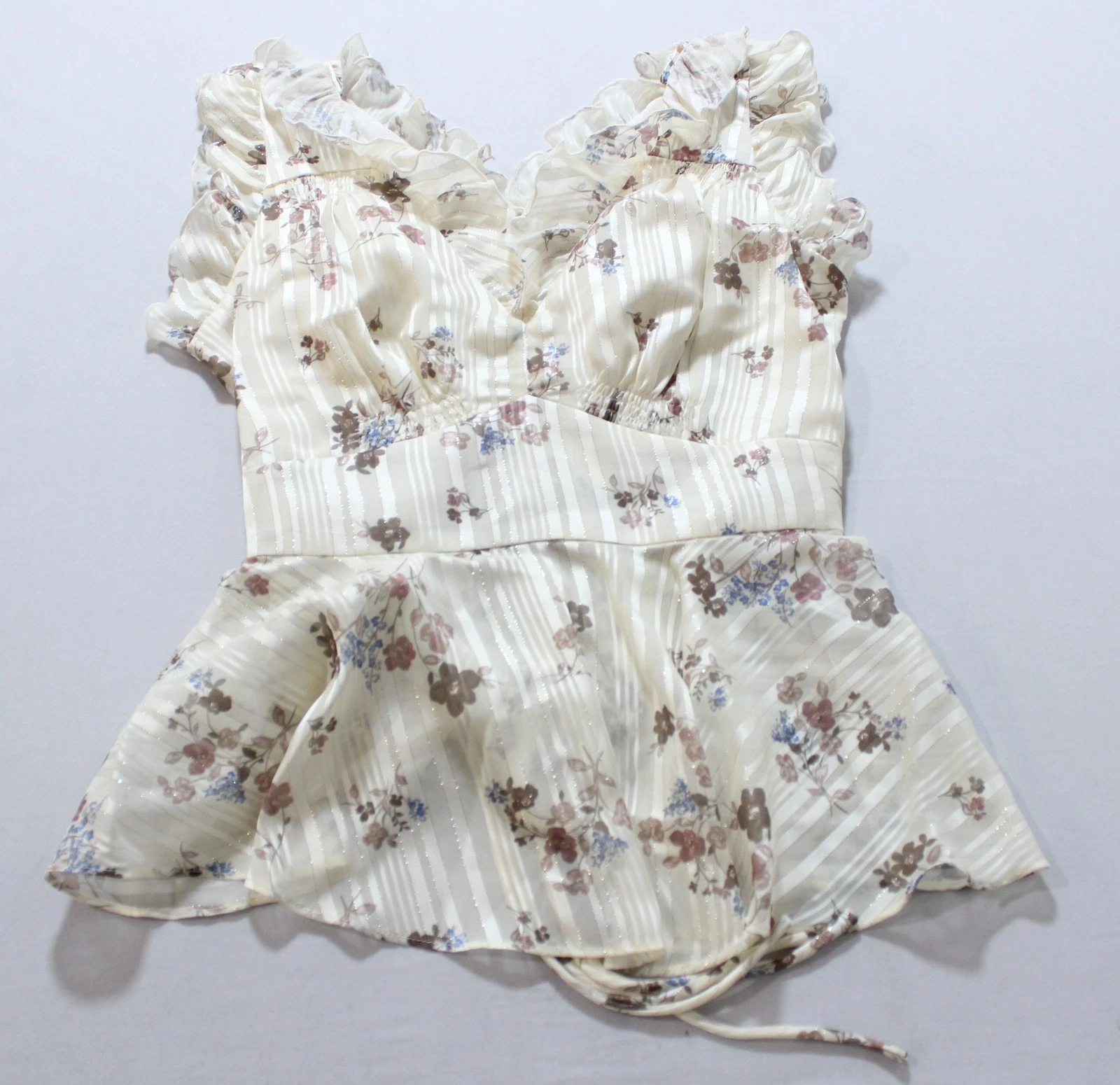 Me&Me Couture Women's Stripe Floral Blouse MP7 Ivory Size F (See Description)