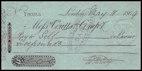 Antique 1869 Victorian Ephemera COUTTS & CO Bank Cheque Check #C13-23 - 第 1/2 張圖片
