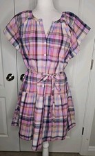 NWT $ 85 LOFT  Purple Blue Plaid Ruffle Flutter Sleeve Tie Waist Button Dress M