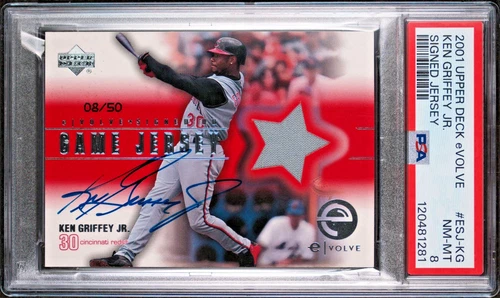 2001 Upper Deck eVolve Game Jersey Autograph #/50 KEN GRIFFEY JR. PSA 8 POP 2