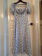 Floral Puff Sleeve Tea Length Milkmaid Dress with Side Slit