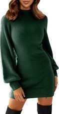 Women's Fleece Sweater Dress MEDIUM Mock Neck Dark Olive Green Bodycon Pullover