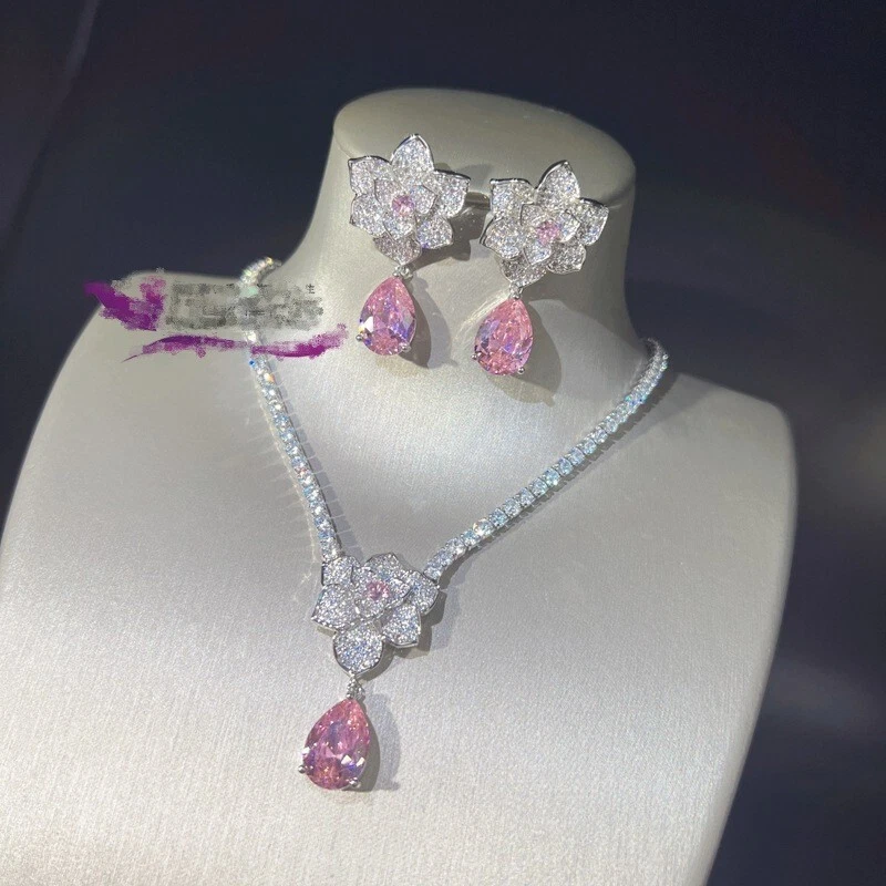 2pc Set Flower Design Pink Topaz Gemstone Xmas Women Jewelry Necklace Earring - Image 2 of 4