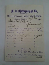 M E Chittenden Oils Tobacco Cigars Cheese Receipt Invoice Adrian MI 1891 Rare 