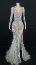 Women Rhinestone Feather Long Tail Dress Singer Stage Wear Dancer Costume