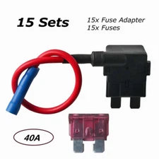 15 Sets With 40A Medium Fuse Circuit Piggy Back Tap Standard Blade Fuse Holder