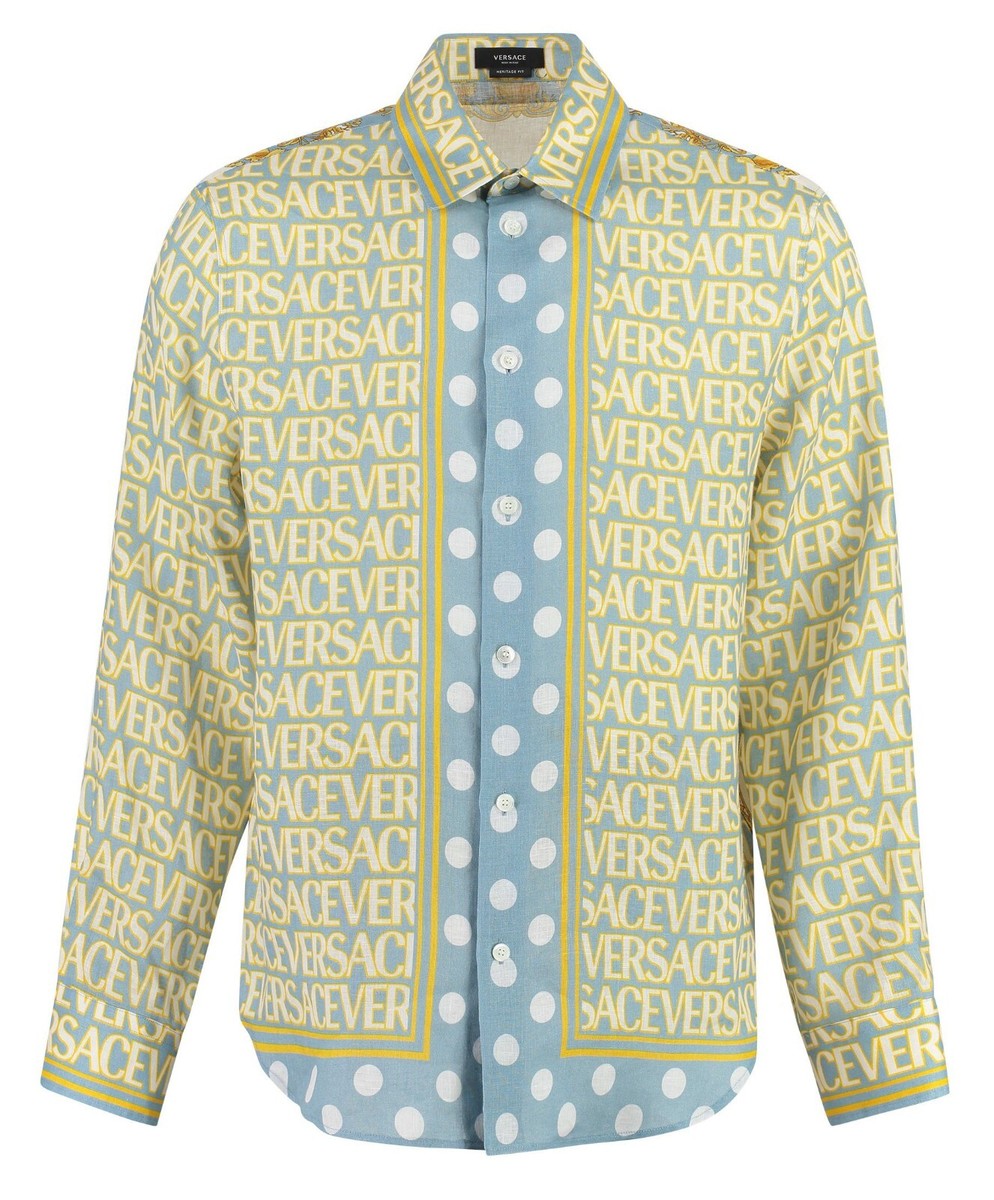 VERSACE 'All Over Logo Polka Dot Baroque Linen Shirt' 48 IT VERSACE 'All Over Logo Polka Dot Baroque Linen Shirt' 48 IT
