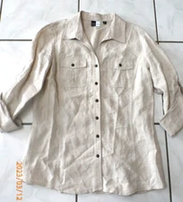 Saks Fifth Avenue Threads Beige 100% Linen Button Front Tunic Top Size 10 F91