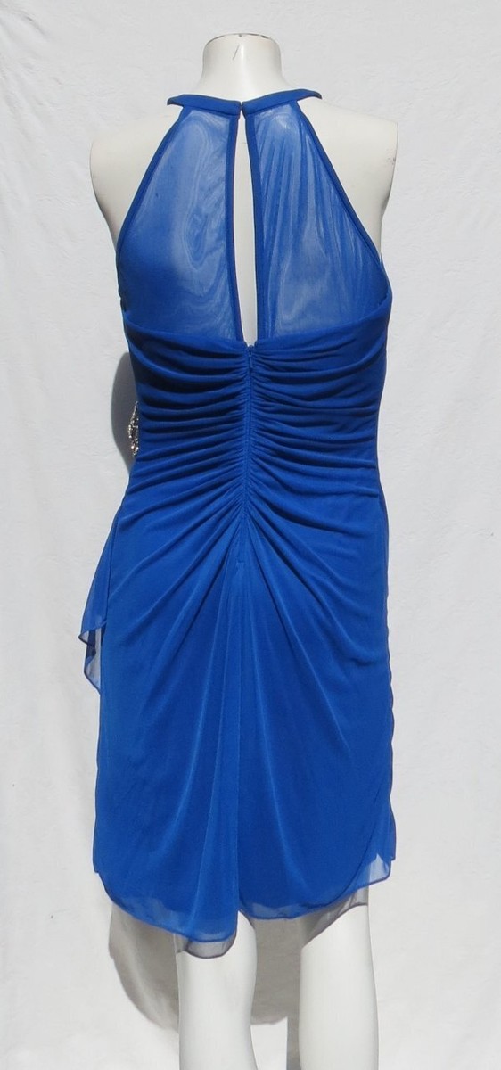 horizon blue dresses david's bridal DAVID'S BRIDAL US sz M 10 Horizon Blue Mesh Knit Dress High Neck Side  Cascade