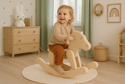 Schaukeltier Schaukelpferd aus Lindenholz, traditionelle Tischlerarbeit, neu