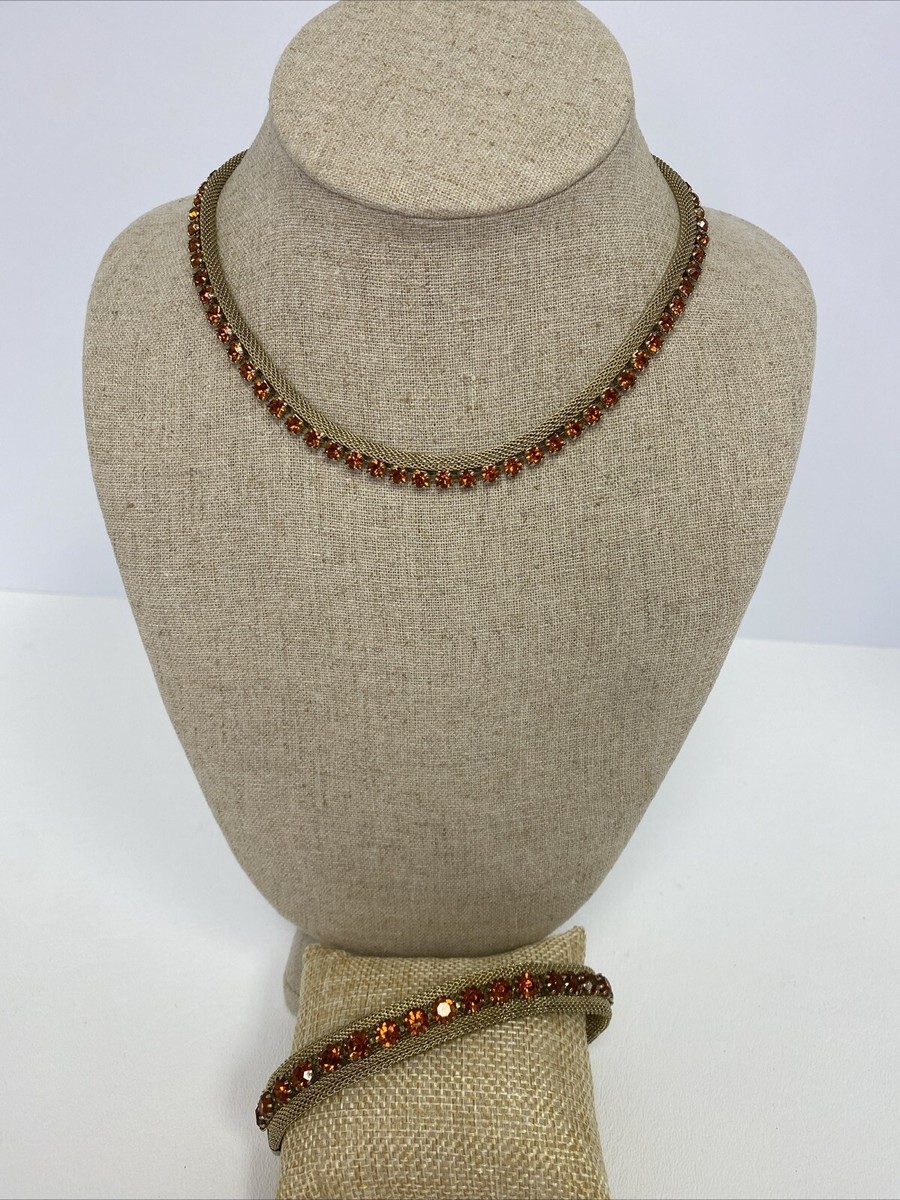 Vtg Weiss Gold Tone Mesh Amber Orange Rhinestone Necklace  display picture 2