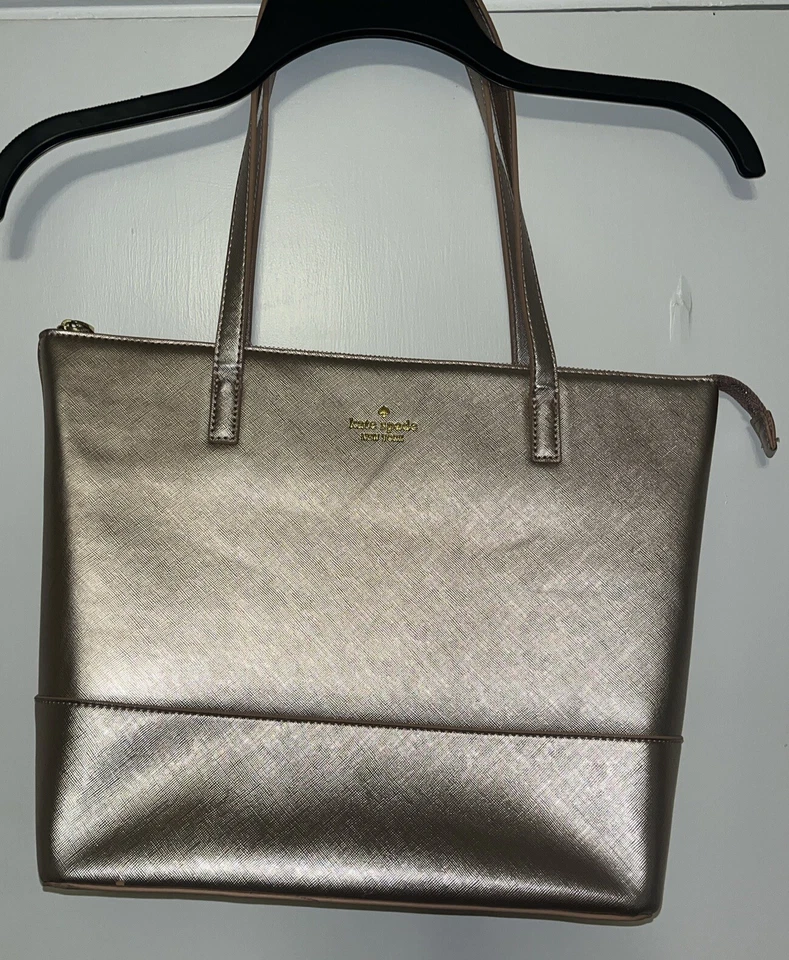 Kate Spade Large Tote Metallic Rose Gold 100% Cow Leather Purse Shoulder Bag