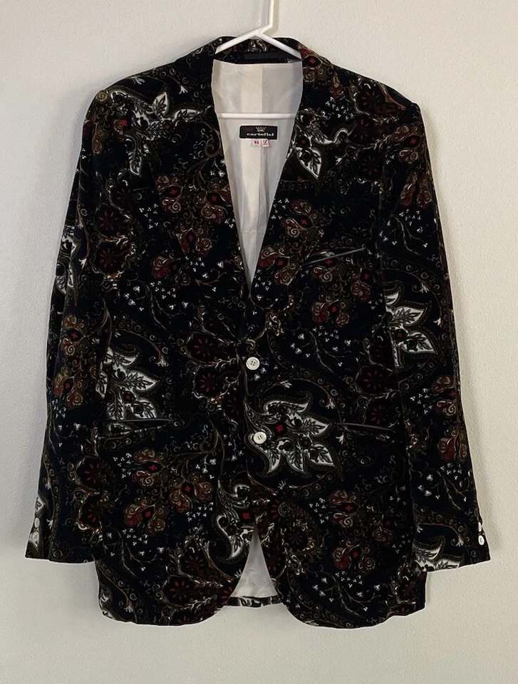 Vintage Cortefiel Smoking Jacket Blazer Spain Velvet Paisley Suit Coat Size 44 T - Image 3 of 4