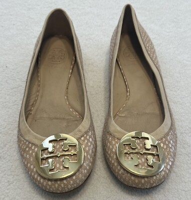 Tory Burch REVA Beige Polka Dot Gold Logo Ballet Flat Shoes Size 5.5M Designer