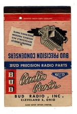 BUD RADIO PARTS matchbook matchcover - CLEVELAND, OHIO - VINTAGE ADVERTISING