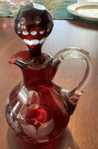 Vintage Egermann Czech Bohemian Ruby Red Cut Crystal Cruet Grapes & Vines 5.75 "