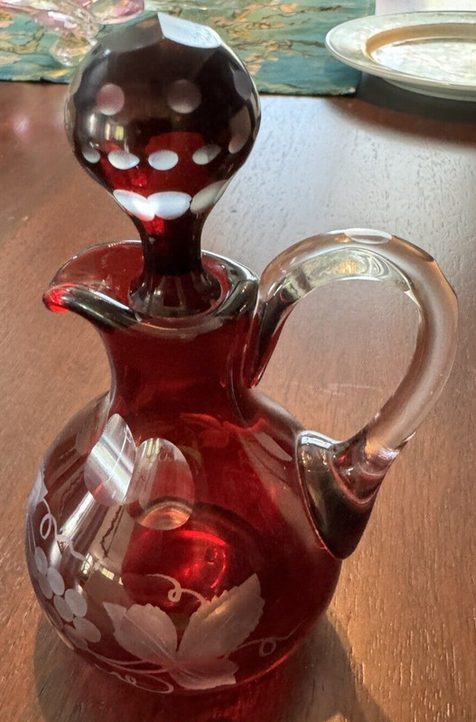 Vintage Egermann Czech Bohemian Ruby Red Cut Crystal Cruet Grapes & Vines 5.75 "