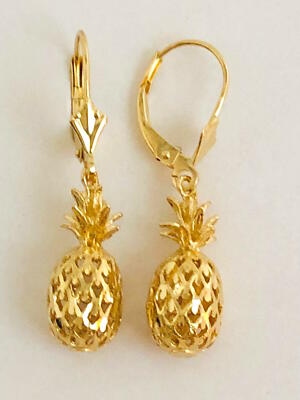 14K massiver Gelbgold 3D Ananas Ohrring Breite: 6,5 mm Länge: 1-1/4 Zoll (31 mm) E413