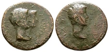 Roman Provincial Bronze Coin - Rhoemetalkes I and Pythodoris with Augustus