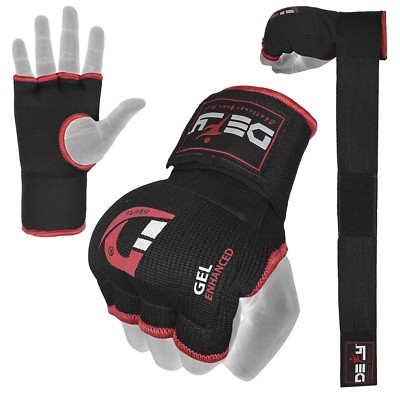 Gel Padded Inner Gloves with Hand Wraps MMA Muay Thai Boxing Bandage Fight Black