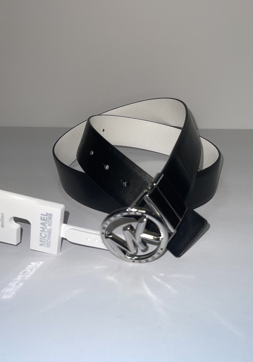 Michael Kors Reversible Genuine Leather Belt Silver Buckle Black