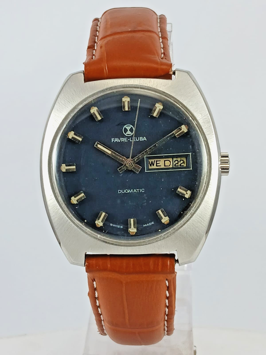 Vintage Favre-Leuba Duomatic Automatic Day-Date Blue Dial Swiss