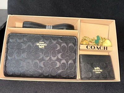 Coach Black Zip-Around Logo Wallet Set with Gold Tone Hardware and